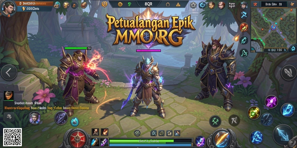 Screenshot 8QR menunjukkan momen pertempuran epik dalam dungeon MMORPG.