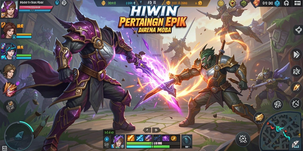 Gameplay seru HIWIN dengan berbagai pahlawan beraksi di arena.