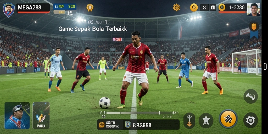 Tangkapan layar gameplay MEGA288 yang menampilkan aksi sepak bola yang mendebarkan.