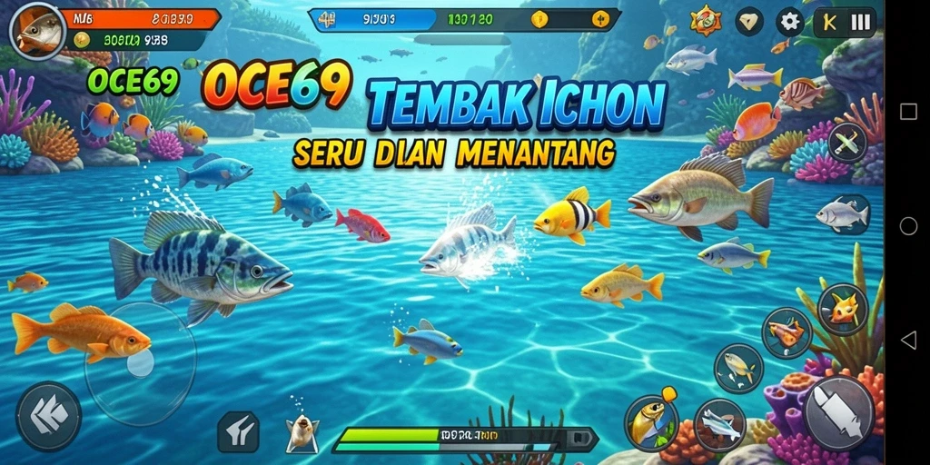 Tampilan gameplay OCE69 dengan ikan berwarna-warni dan senjata akurat.
